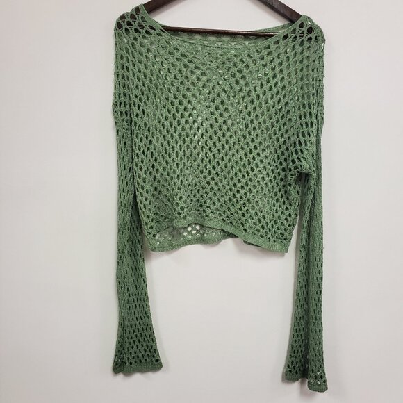 Unbranded Womens Open Knit Fairy Grunge Cropped Sweater Size L Oversized Green - Picture 1 of 8